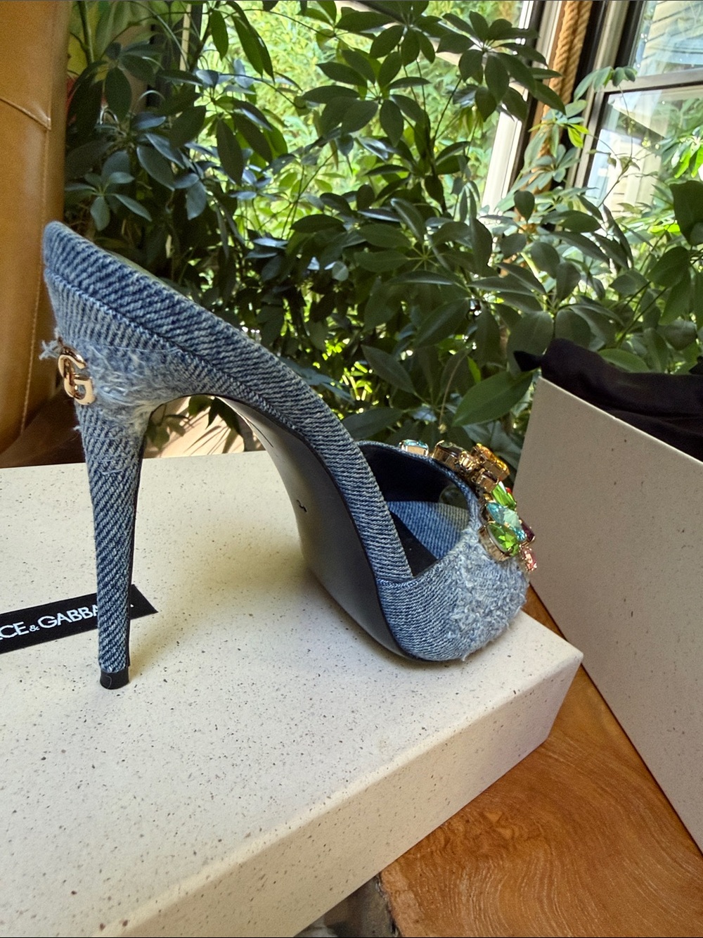 Dolce & Gabbana Denim Mules with Multicolored Gem Embellishments - Picture 9 of 13